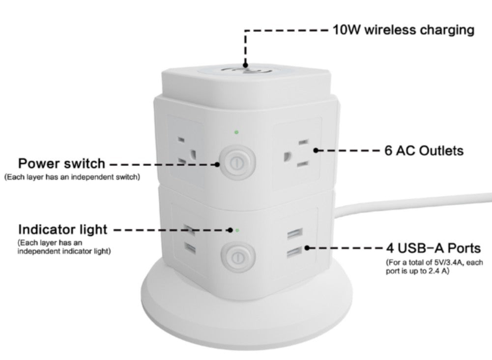 Power Strip Tower with Wireless Charger - 6 Outlets, 4 USB Ports, 6ft Cable