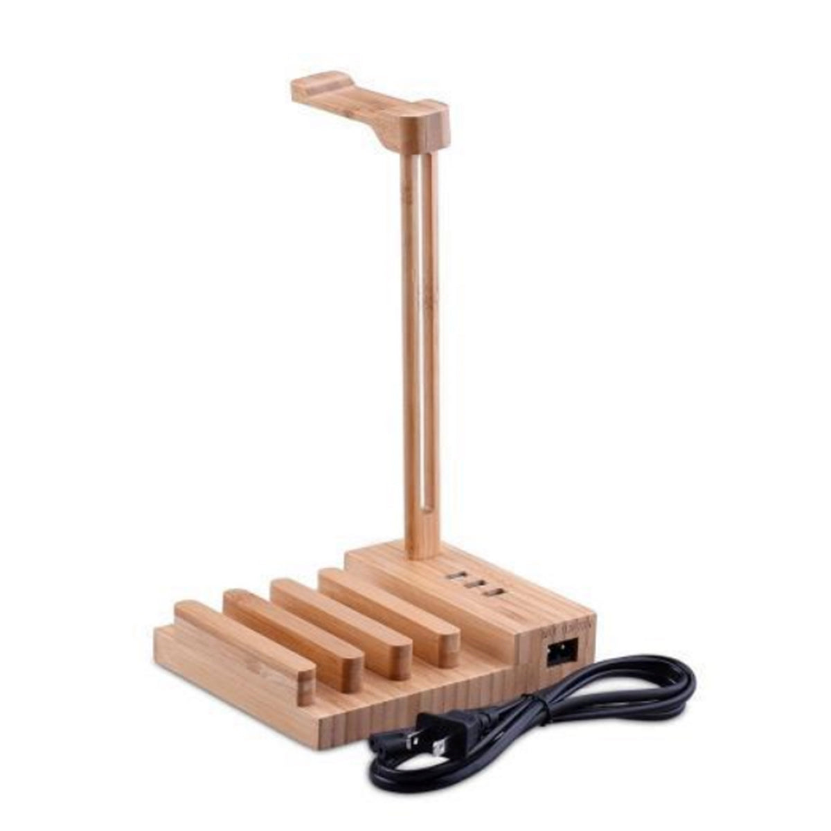 Wooden 3 Ports Headset Hanger Rack, USB Charging Dock Station for Headphone and Smartphone