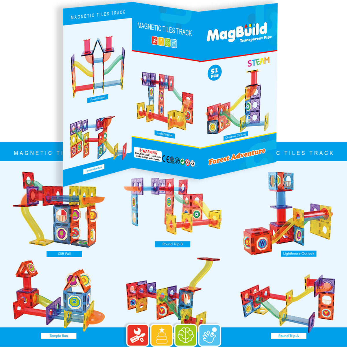 Magnetic Tile Track Forest Adventure Building Block for Kids, 51 Pieces
