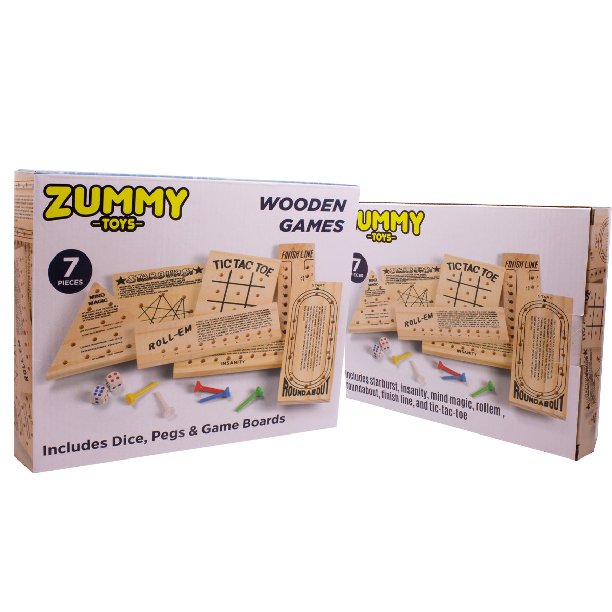 7 Pack Mini Wood Games with Dice and Pegs, Tic Tac Toe, Mind Magic, Starburst, Finish Line, Insanity, Roll-Em, Roundabout