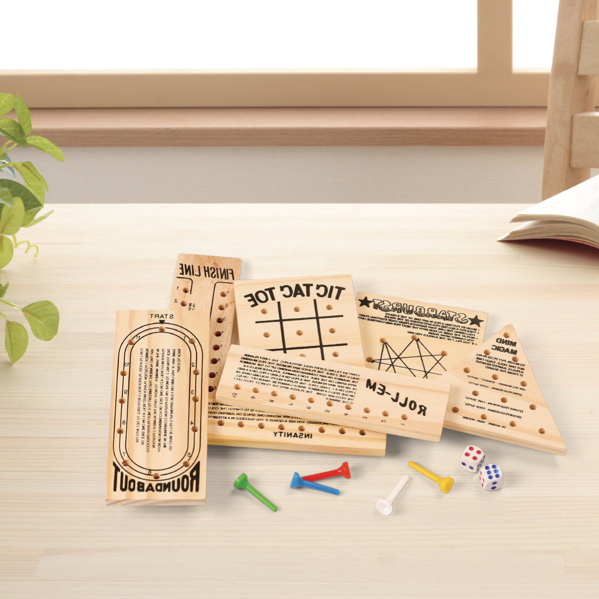 7 Pack Mini Wood Games with Dice and Pegs, Tic Tac Toe, Mind Magic, Starburst, Finish Line, Insanity, Roll-Em, Roundabout