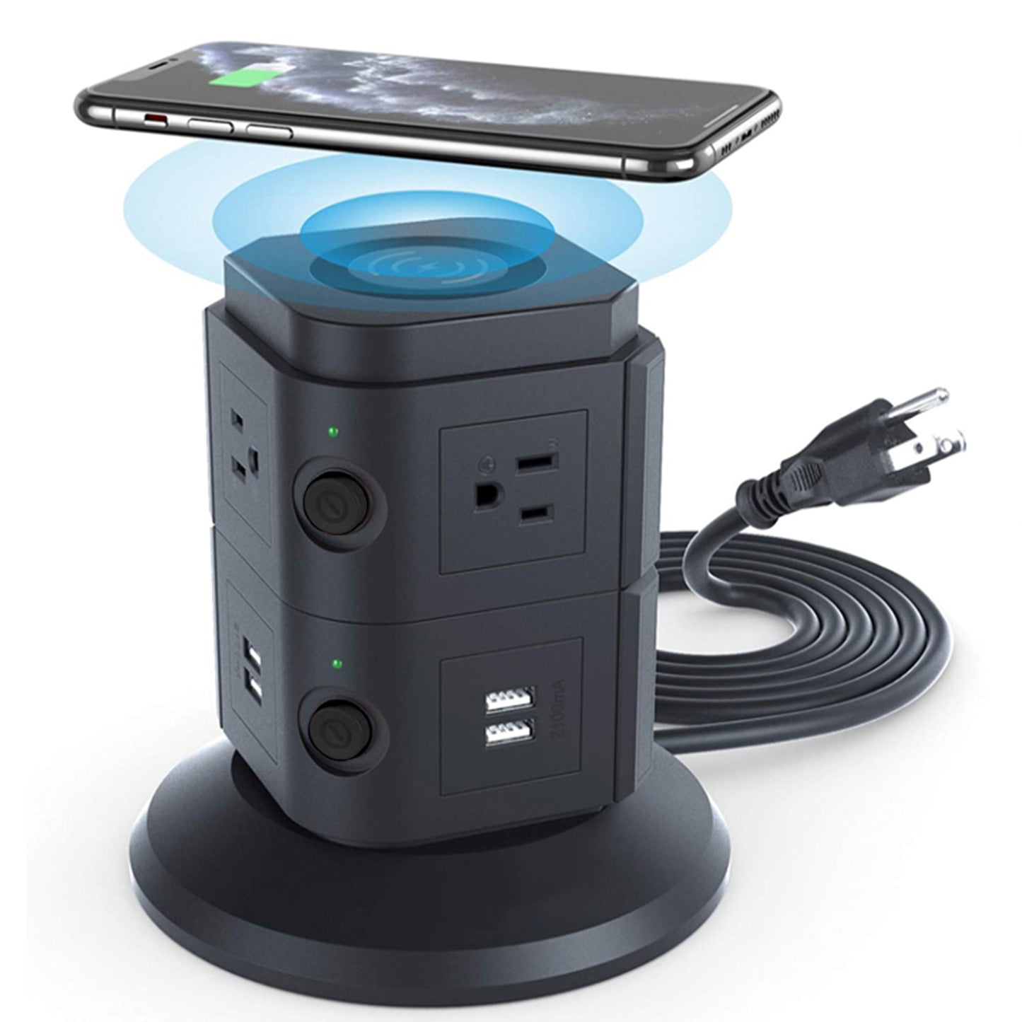 Power Strip Tower with Wireless Charger - 6 Outlets, 4 USB Ports, 6ft Cable