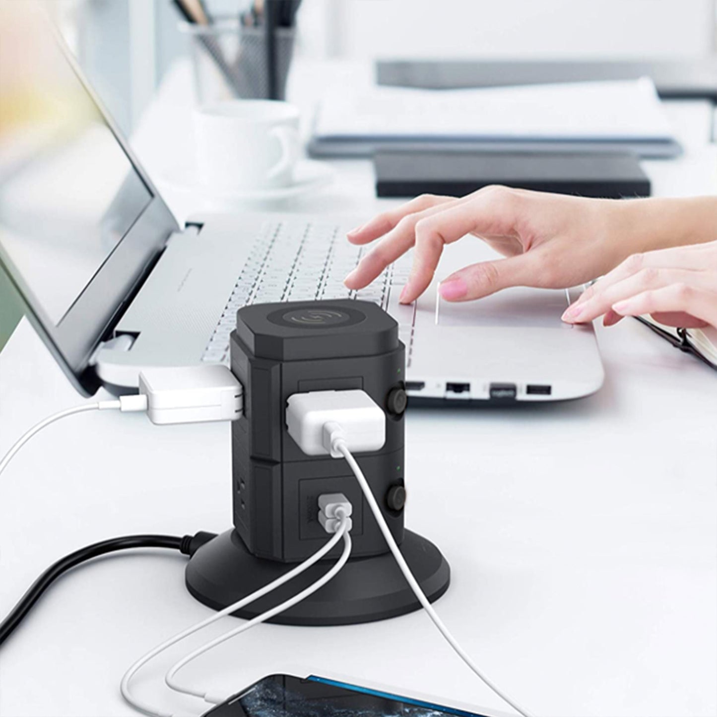 Power Strip Tower with Wireless Charger - 6 Outlets, 4 USB Ports, 6ft Cable