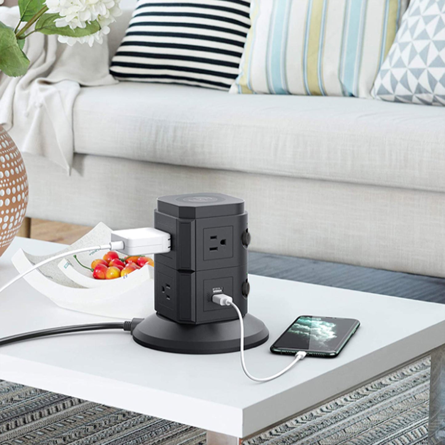 Power Strip Tower with Wireless Charger - 6 Outlets, 4 USB Ports, 6ft Cable