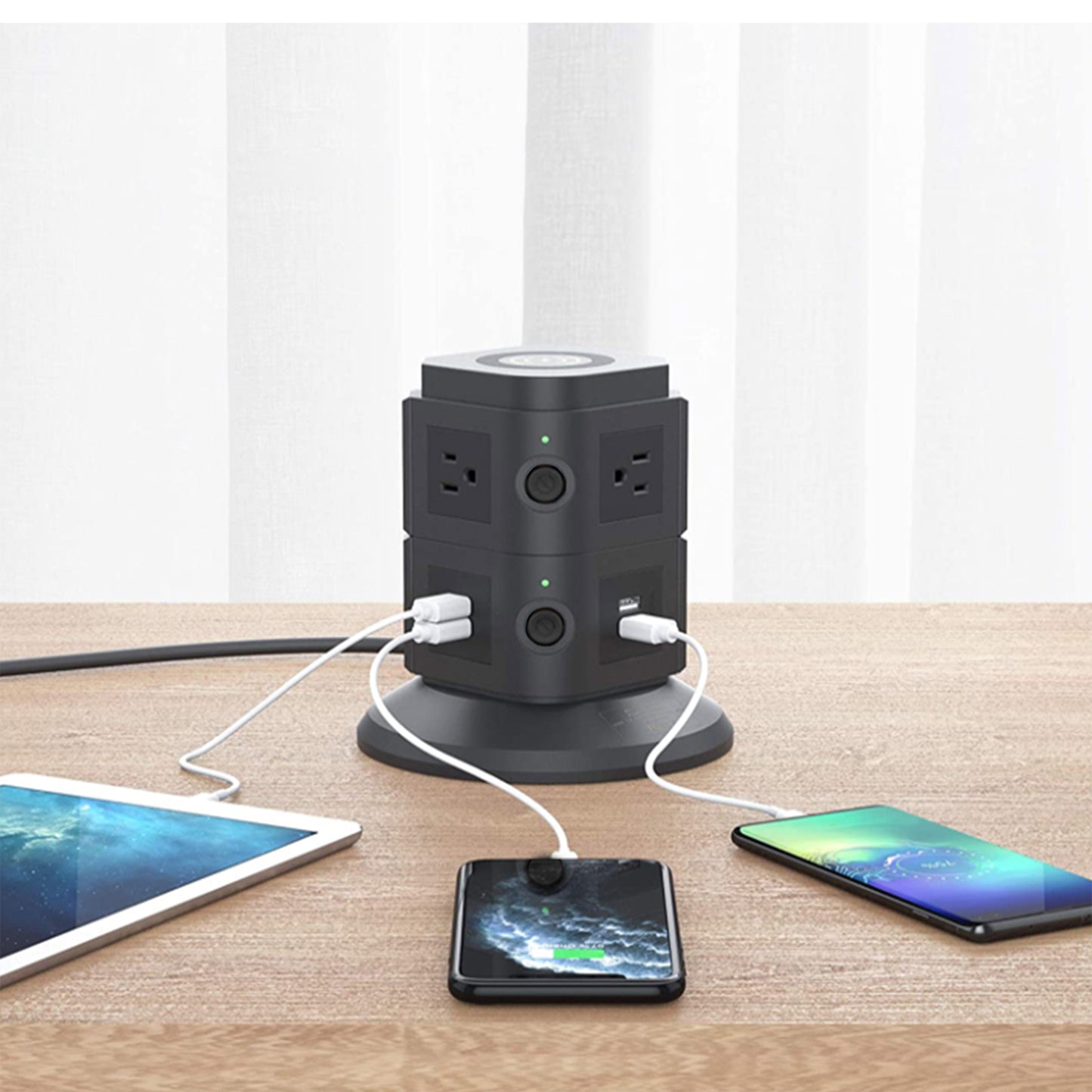 Power Strip Tower with Wireless Charger - 6 Outlets, 4 USB Ports, 6ft Cable