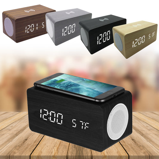 Wood Finish Alarm Clock and Wireless Phone Charger and Speaker