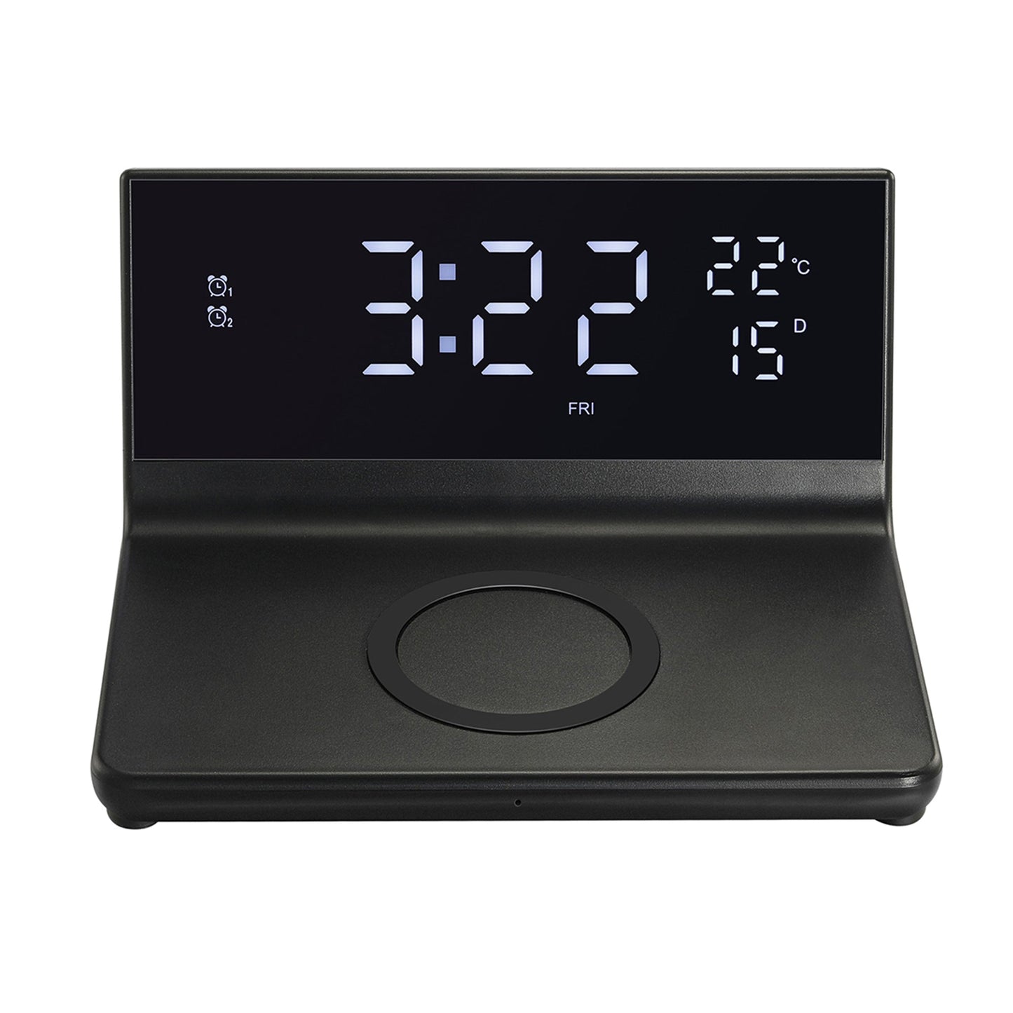 Wireless Charging Alarm Clock for All Wireless Charging Smartphones - Temperature, Date, 4 Brightness Settings, 2 Alarms, 15W Output,12/24 Hour Mode
