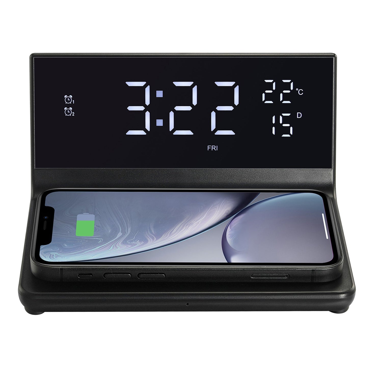Wireless Charging Alarm Clock for All Wireless Charging Smartphones - Temperature, Date, 4 Brightness Settings, 2 Alarms, 15W Output,12/24 Hour Mode