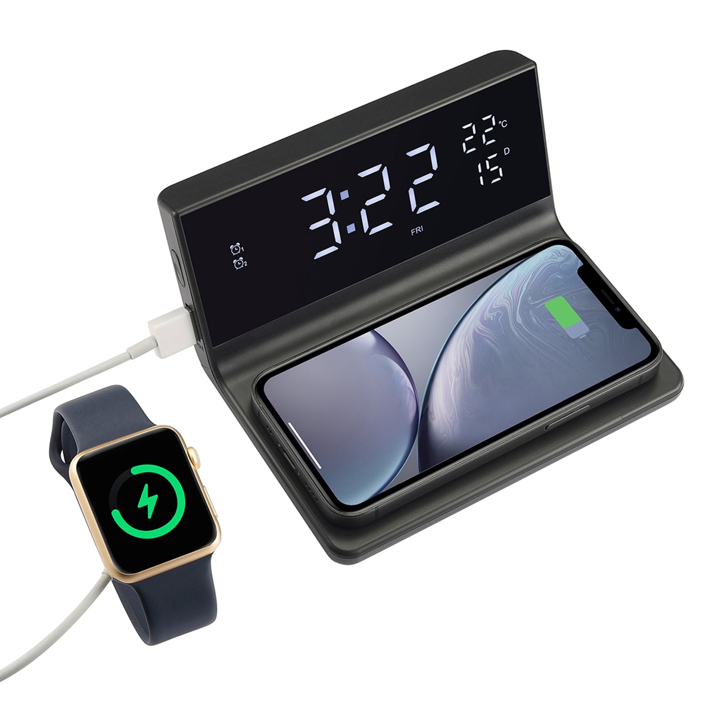 Wireless Charging Alarm Clock for All Wireless Charging Smartphones - Temperature, Date, 4 Brightness Settings, 2 Alarms, 15W Output,12/24 Hour Mode