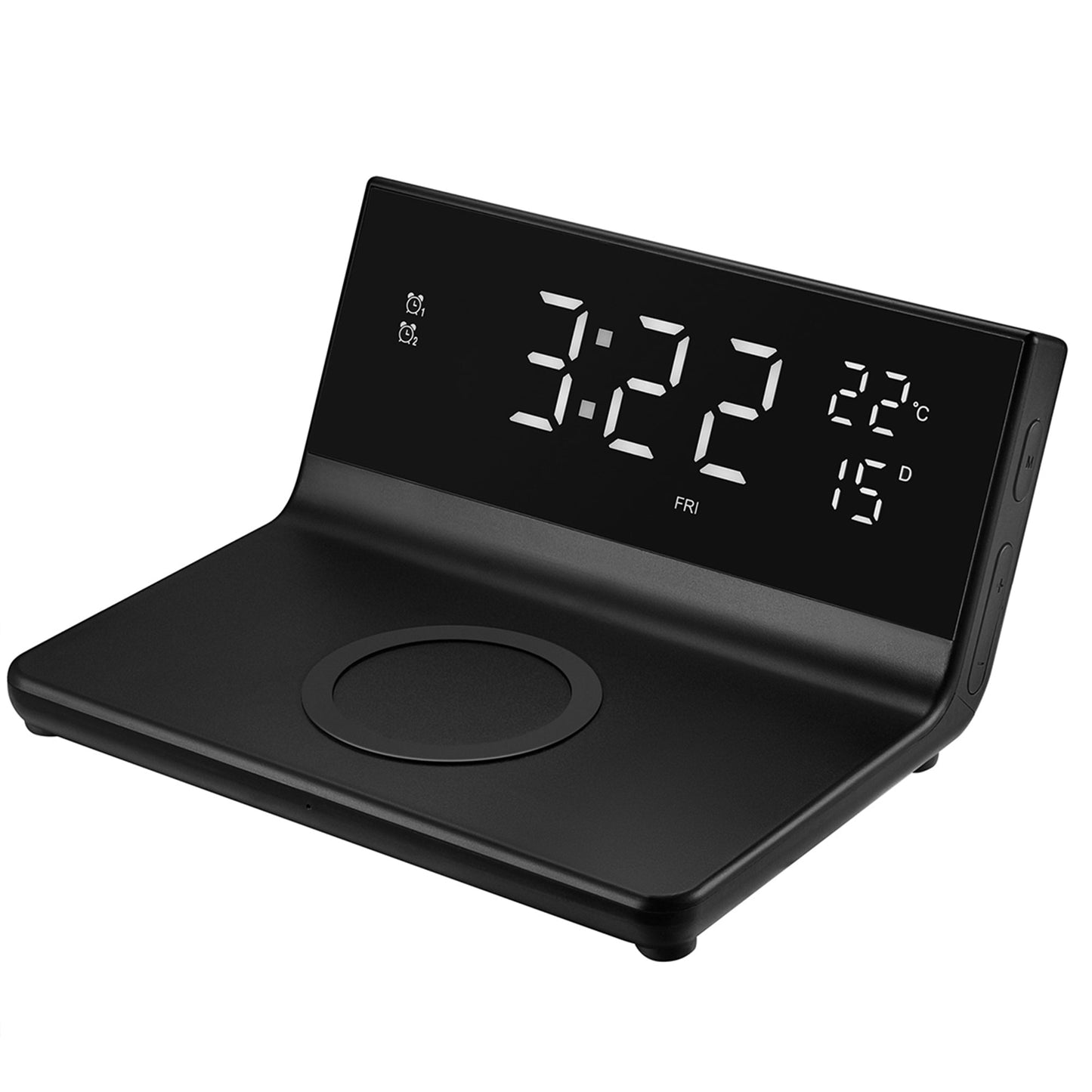 Wireless Charging Alarm Clock for All Wireless Charging Smartphones - Temperature, Date, 4 Brightness Settings, 2 Alarms, 15W Output,12/24 Hour Mode