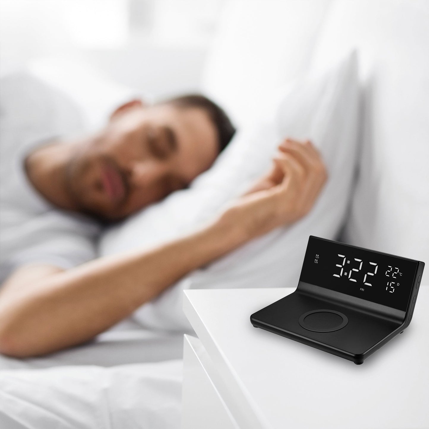 Wireless Charging Alarm Clock for All Wireless Charging Smartphones - Temperature, Date, 4 Brightness Settings, 2 Alarms, 15W Output,12/24 Hour Mode