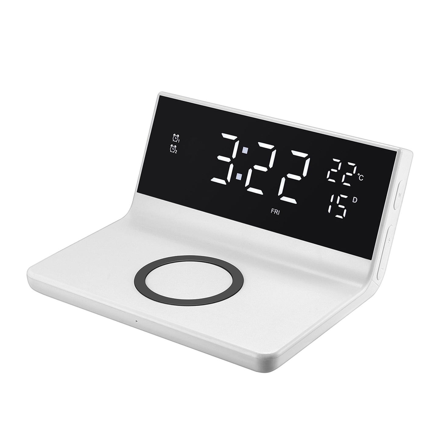 Wireless Charging Alarm Clock for All Wireless Charging Smartphones - Temperature, Date, 4 Brightness Settings, 2 Alarms, 15W Output,12/24 Hour Mode