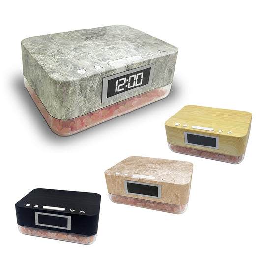 Wood Alarm Clock Wireless Charger with Himalayan Salt Base, 3 Level LED Lamp