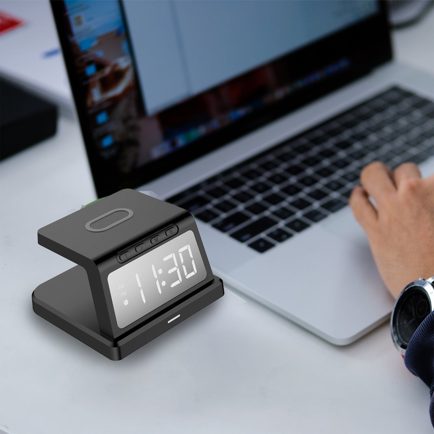 Wireless Charging Alarm Clock with 3 Alarms, 5 Brightness Settings, 15W Output, 12/24 Hour Mode