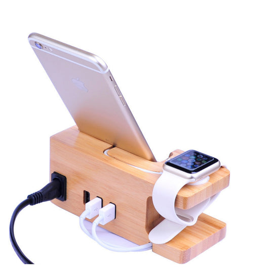 Wooden 3 Ports Desktop USB Charger, Multi-Function Charging Station Deck