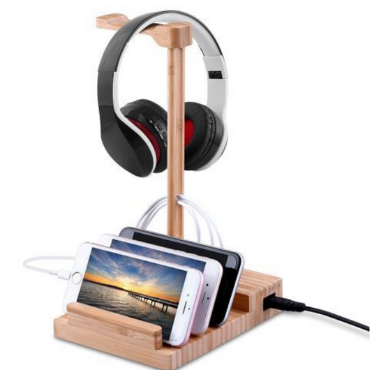 Wooden 3 Ports Headset Hanger Rack, USB Charging Dock Station for Headphone and Smartphone