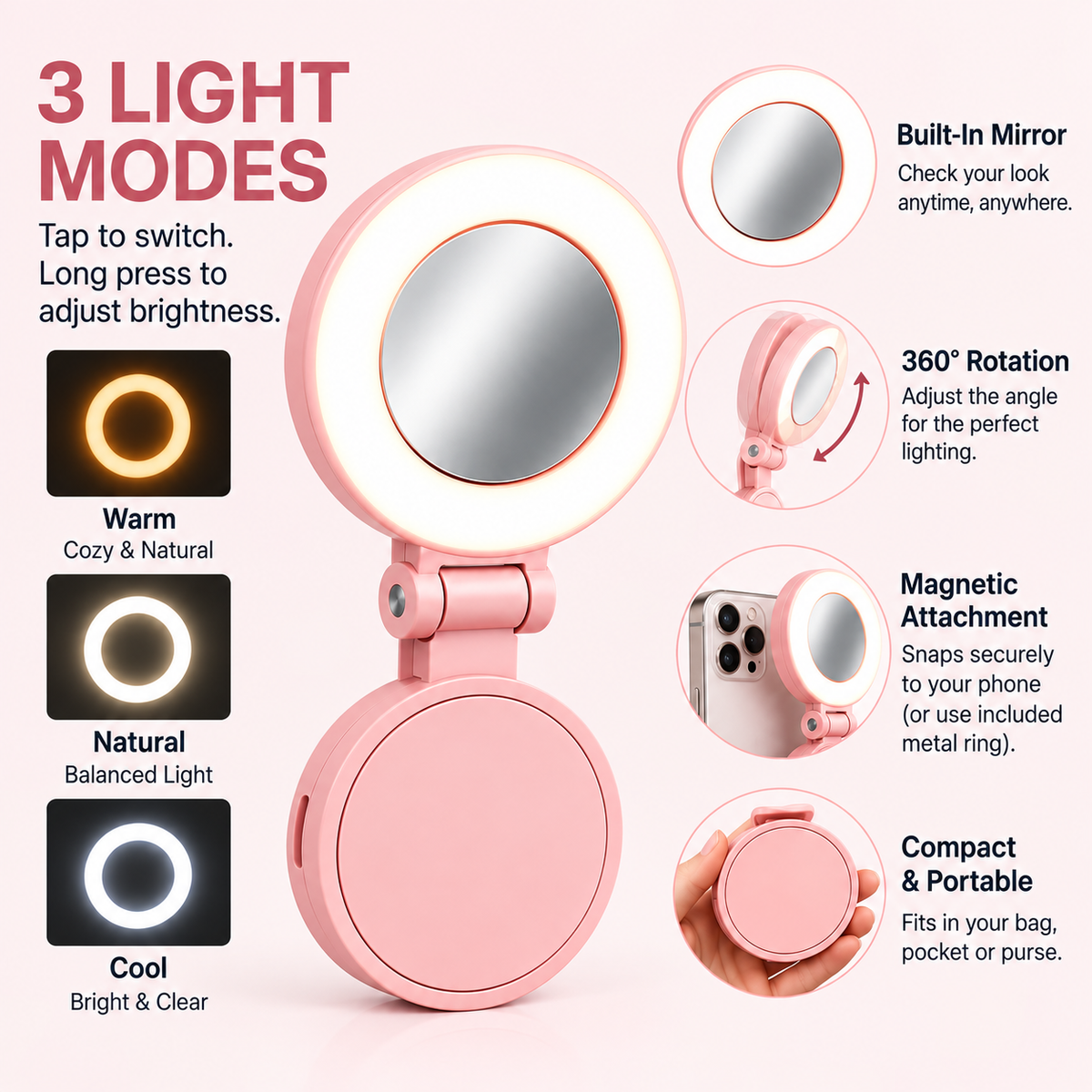 Magnetic Selfie Light with Mirror