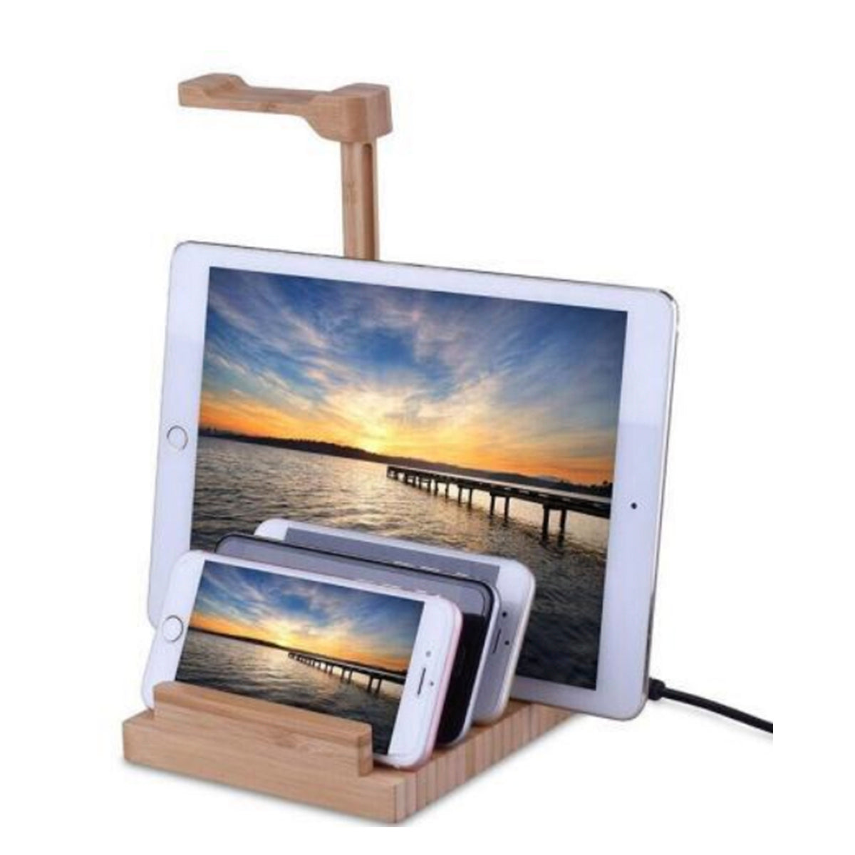 Wooden 3 Ports Headset Hanger Rack, USB Charging Dock Station for Headphone and Smartphone