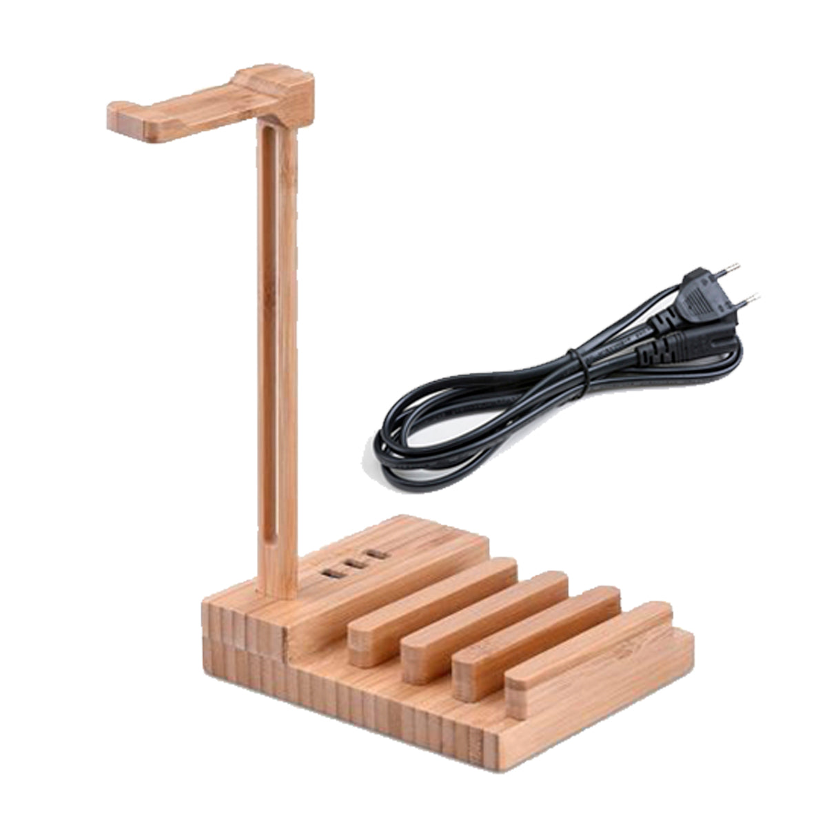 Wooden 3 Ports Headset Hanger Rack, USB Charging Dock Station for Headphone and Smartphone