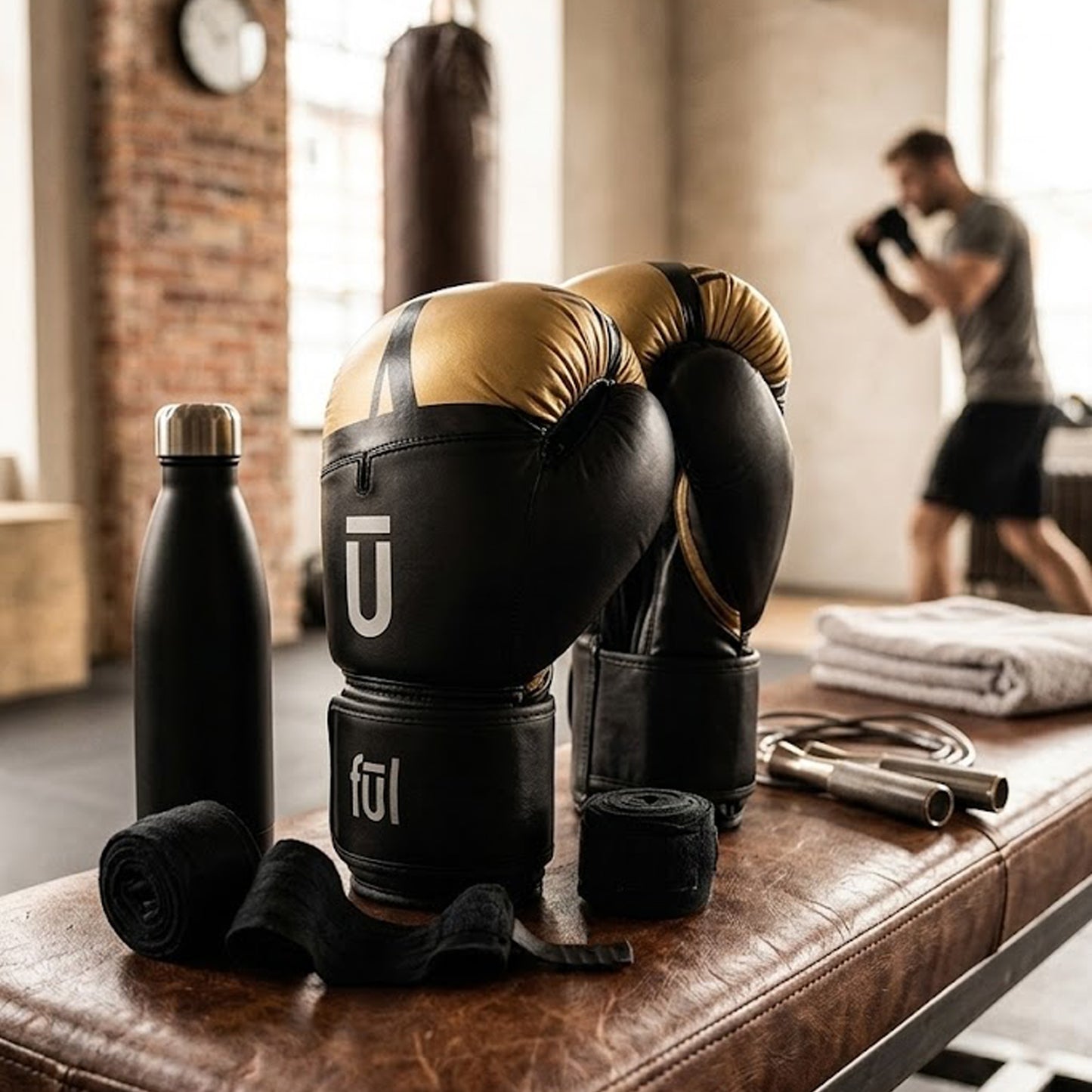 Tear Resistant Boxing Gloves with Padd Wrist Strap, Gold and Black Color
