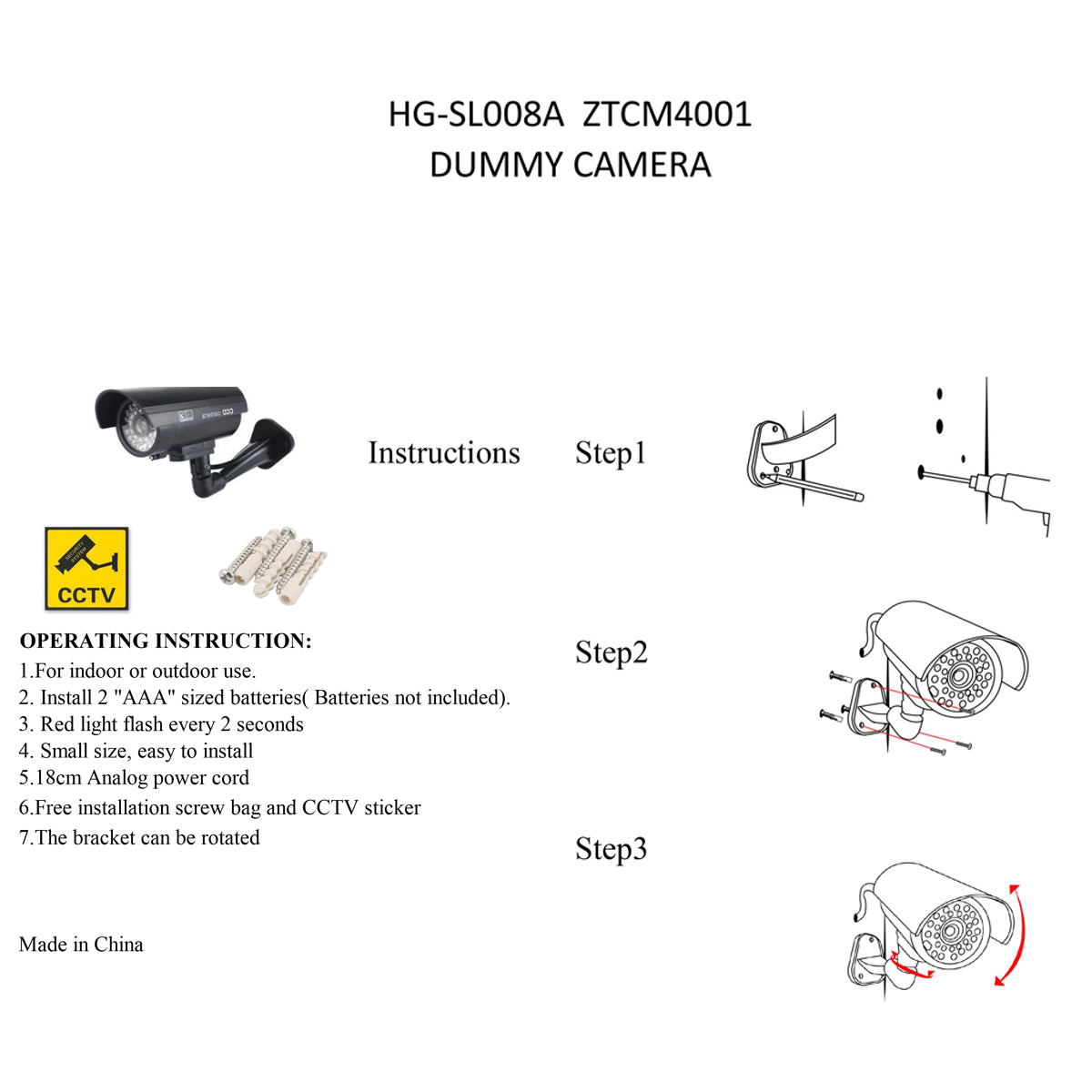 Dummy CCTV Security Camera With a RED Flashing Light,1.5x6.5x15.5cm