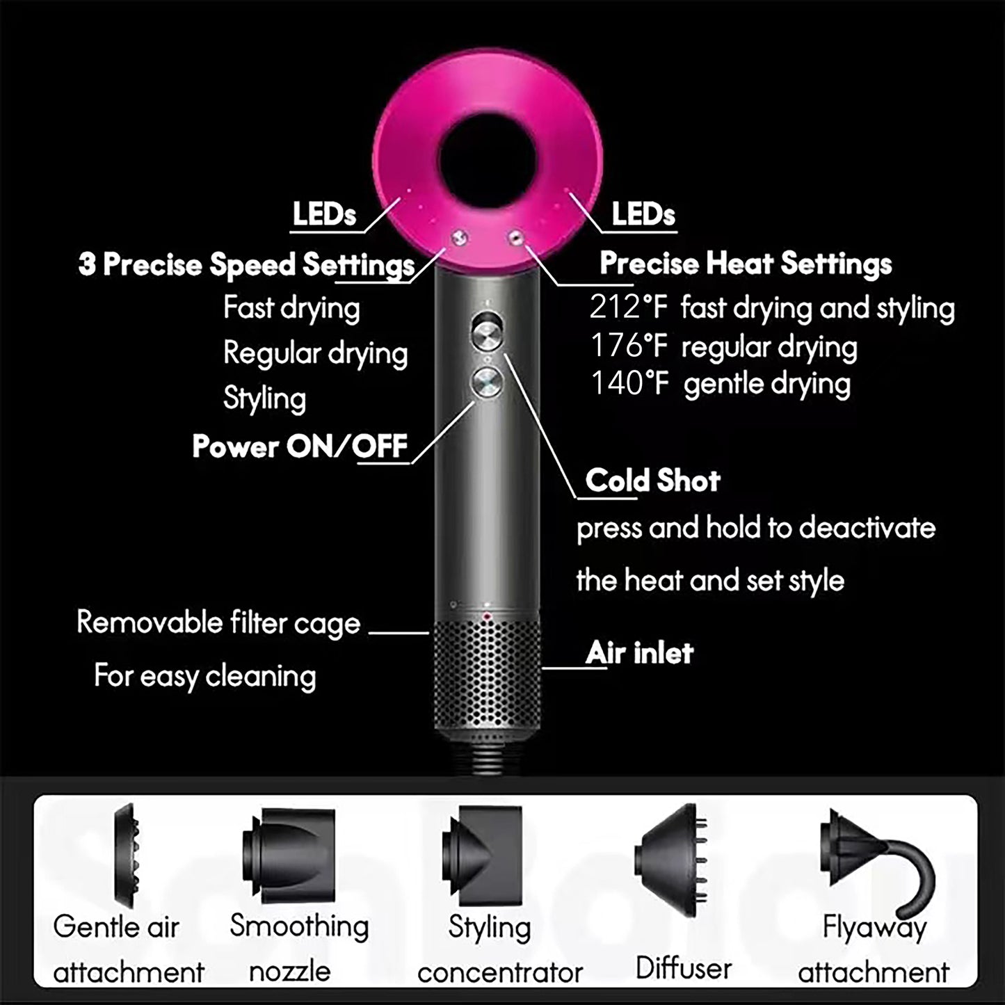 3-Speed Hair Dryer with 5 Attachments and Advanced Temperature Control