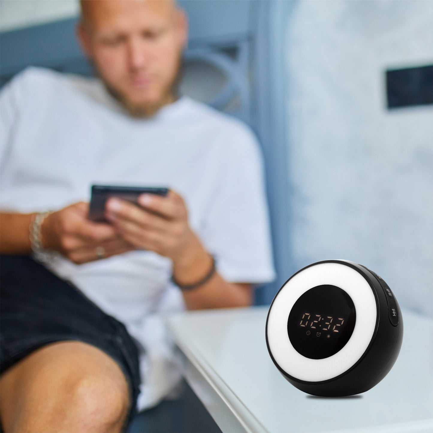 Alarm Clock with Built-in Air Purifier, Sound Machine, Wireless Bluetooth Speaker, and LED Lamp