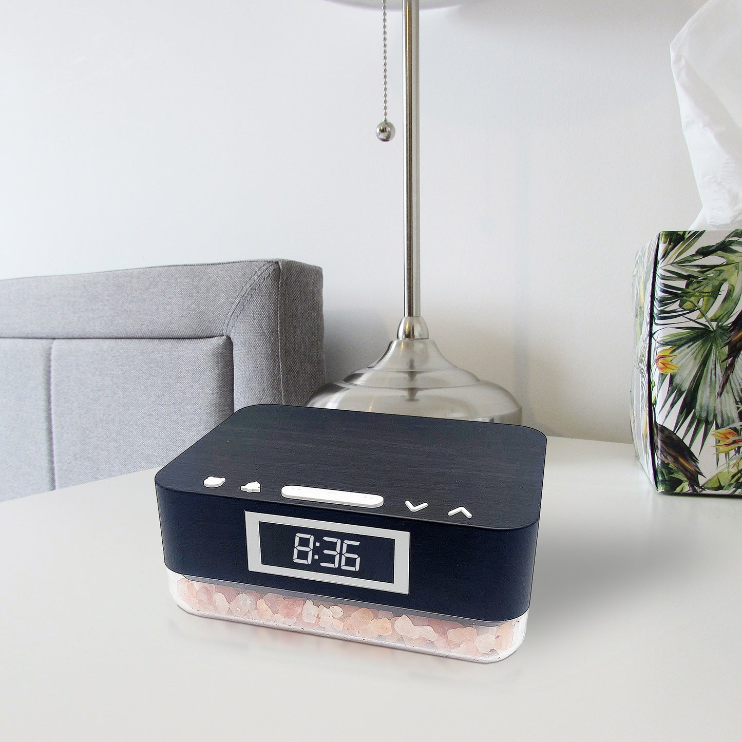 Wood Alarm Clock Wireless Charger with Himalayan Salt Base, 3 Level LED Lamp