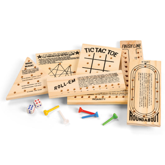 7 Pack Mini Wood Games with Dice and Pegs, Tic Tac Toe, Mind Magic, Starburst, Finish Line, Insanity, Roll-Em, Roundabout