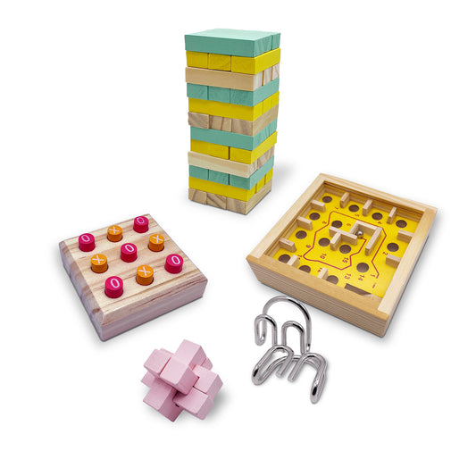 5 in 1 Puzzle Set, Metal Brain Twister, Luban Lock, Tic Tac Toe, Mini Labyrinth, Tumbing Towe